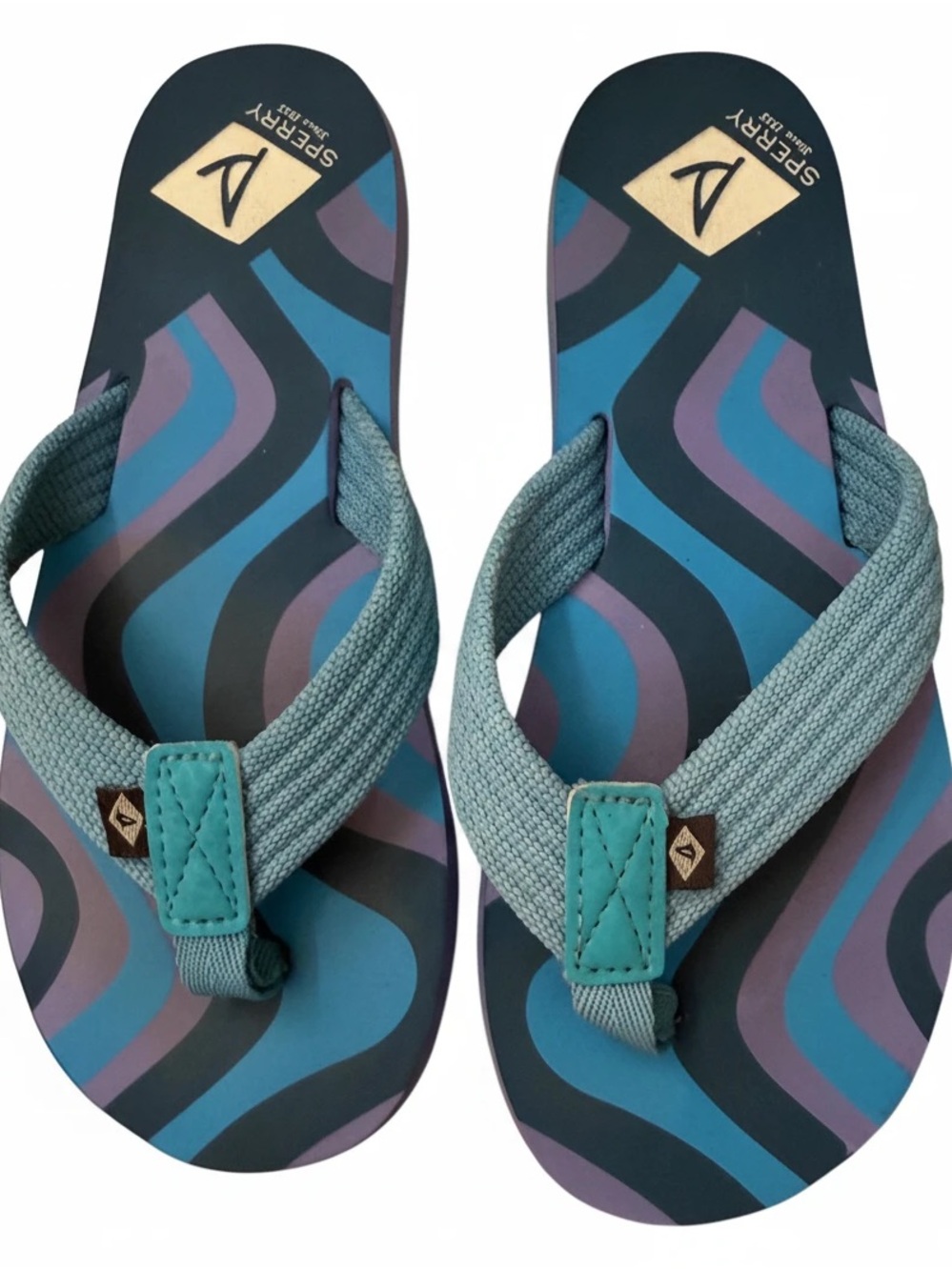 Sperry Kids Calypso Flip Flops in Blue, Purple Wave. Size 12
